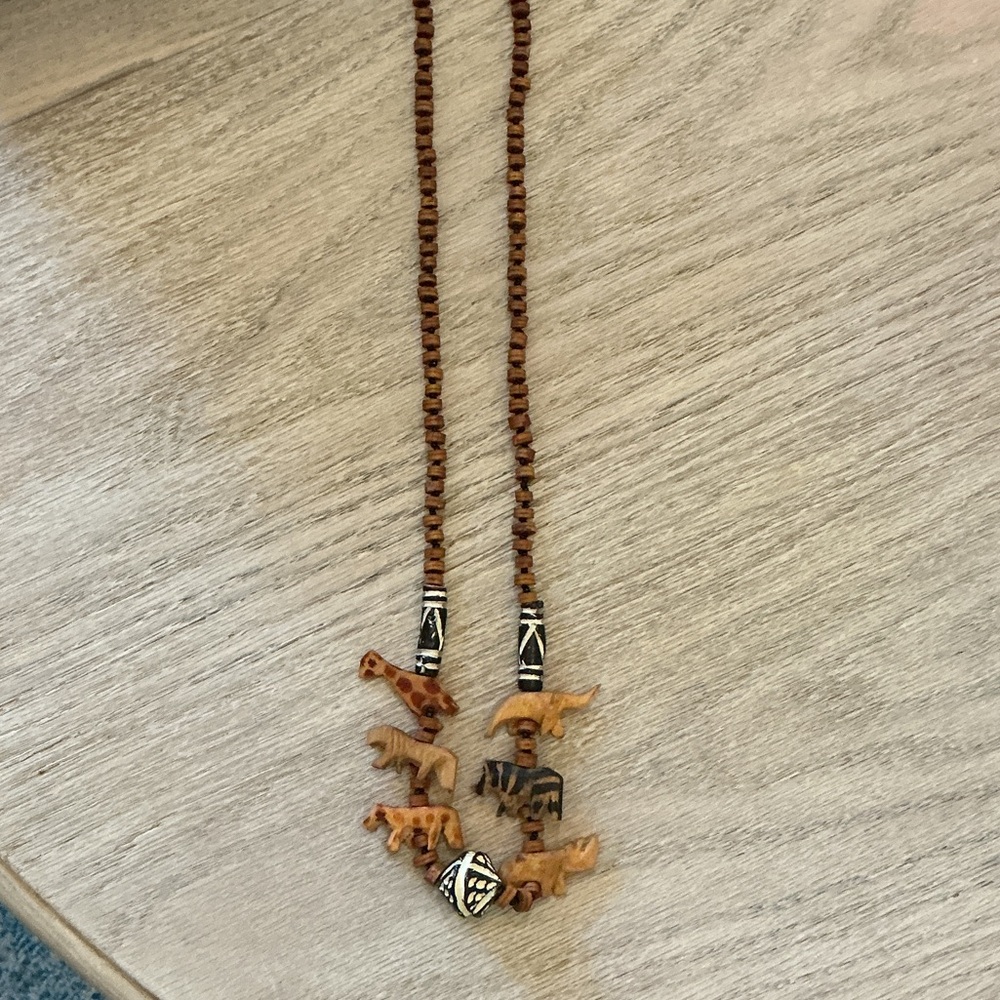 Vintage Wood Safari Animal Necklace – 26” – Tribal Boho Statement